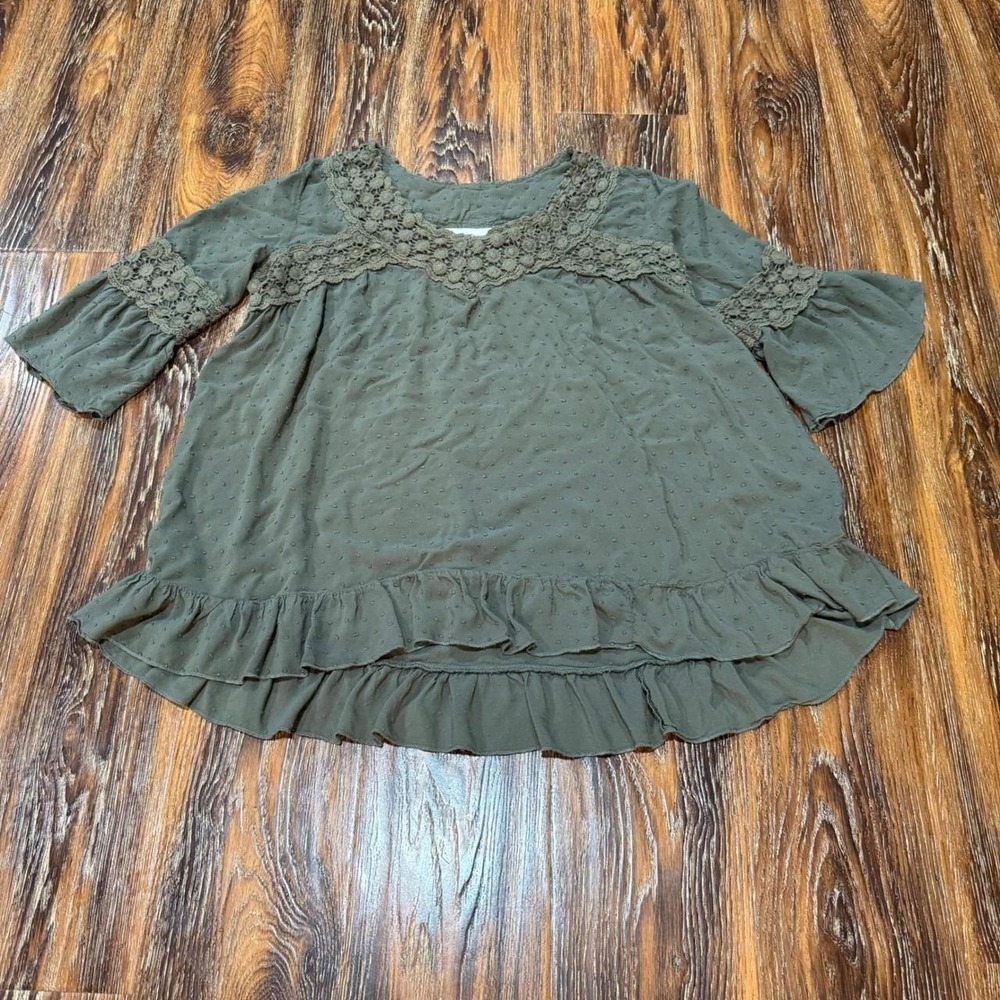 Tantrums M Blouse Womens Olive Green Swiss Dot Crochet Lace Babydoll Top Shirt